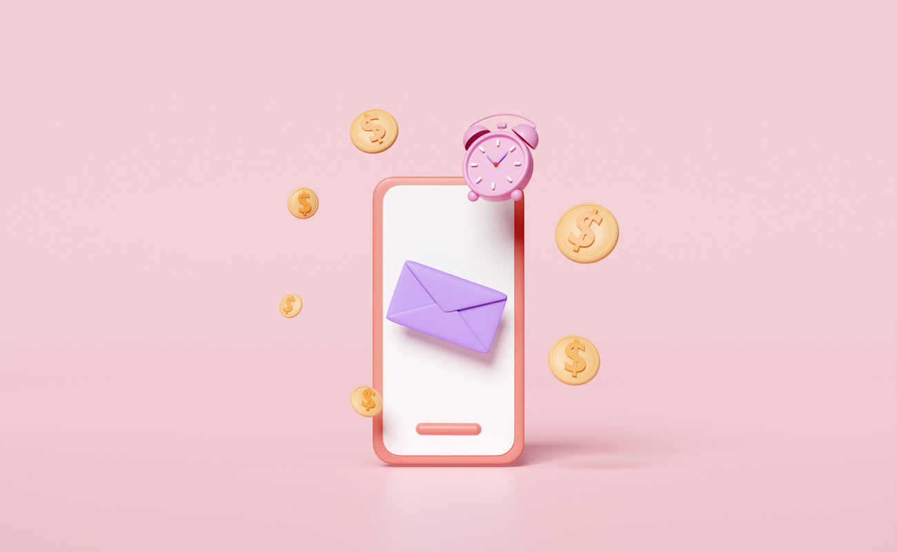 3d mobile phone, smartphone with envelope, alarm clock