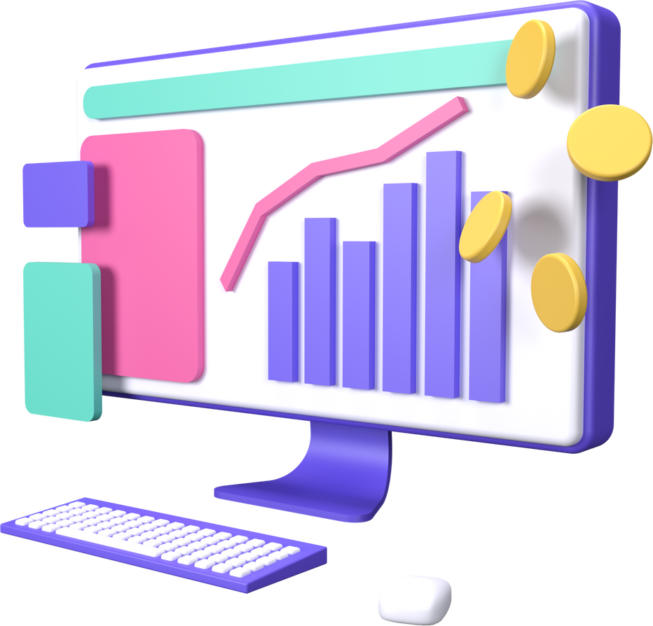3D Computer with Sales Report Illustration 